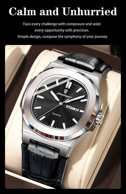 POEDAGAR Square Wristwatch For Men Luminous Waterproof Week Calendar Luxury Man Clock Leather Quartz Fashion Men's Watches Reloj
