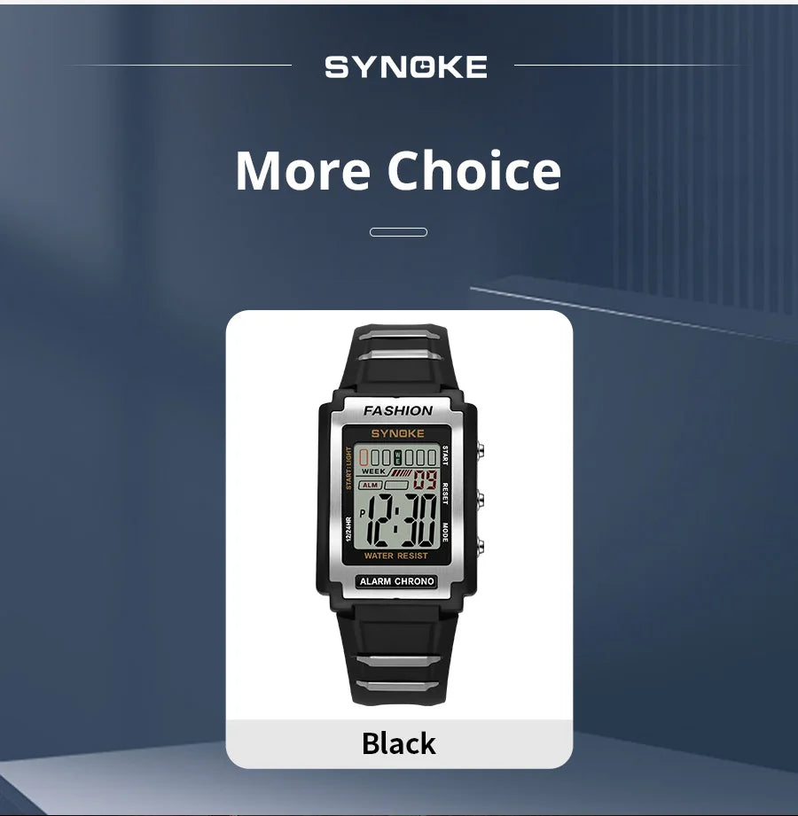 SYNOKE Men Rectangular Sports Electronic Watch Waterproof 50M Night Light Large Screen Alarm Clock Trend Retro Style