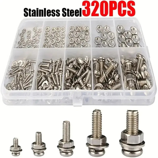320pcs Premium Stainless Steel Screw and Nut Assortment Kit - Corrosion-Resistant, Snap-in Nuts, M2 to M5 Sizes - Ideal for DIY,
