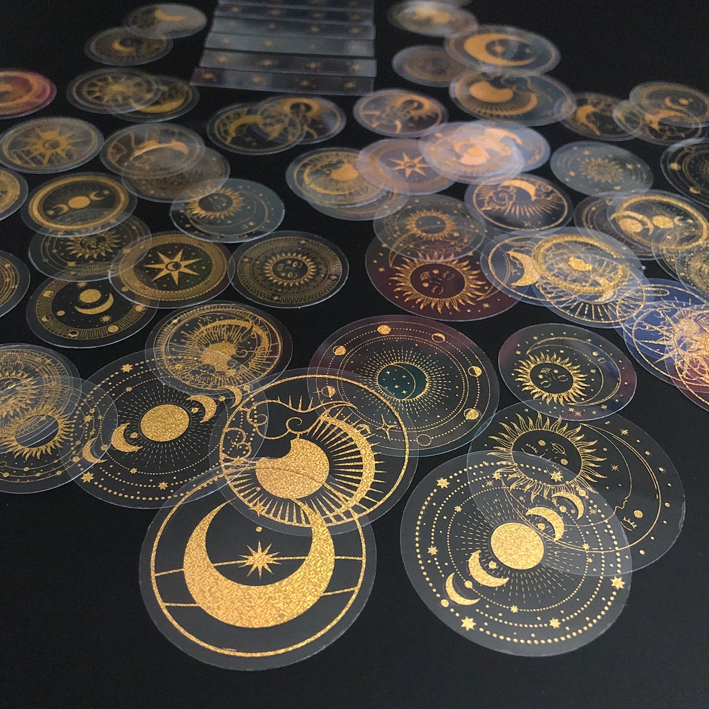 70 pcs Glitter Gold PET Adhesive Stickers Waterproof Transparent Label: SUN MOON Stars Etc