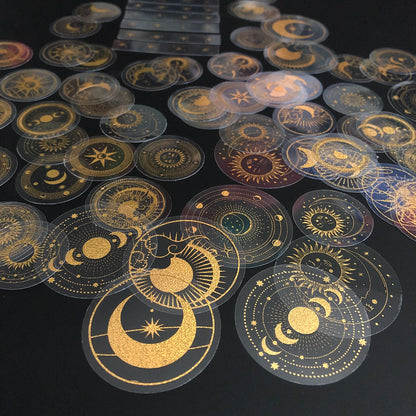 70 pcs Glitter Gold PET Adhesive Stickers Waterproof Transparent Label: SUN MOON Stars Etc