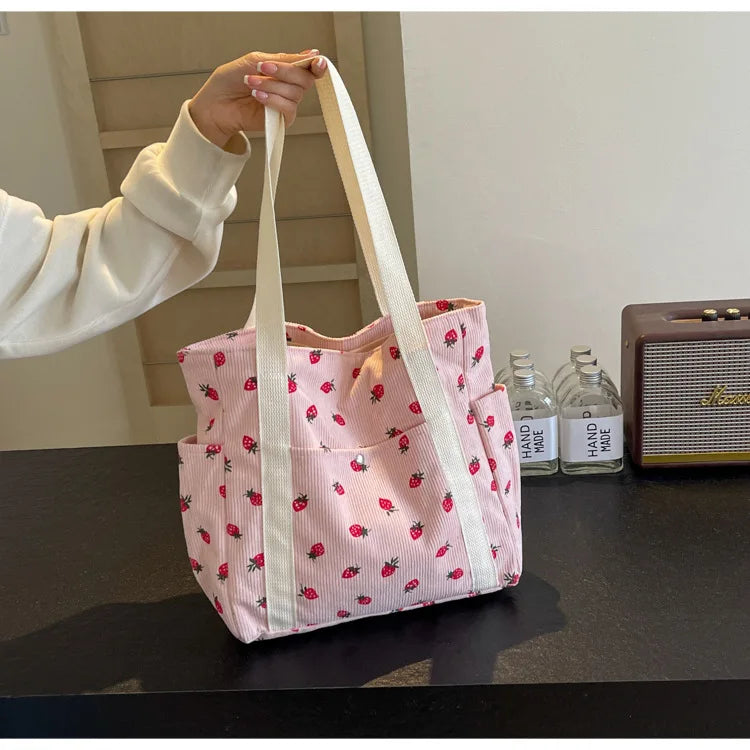 Fashion Corduroy Shoulder Bag for Women, Cute Printed Handbag, Casual Commuter & Shopping Purse, Trendy Underarm Bag