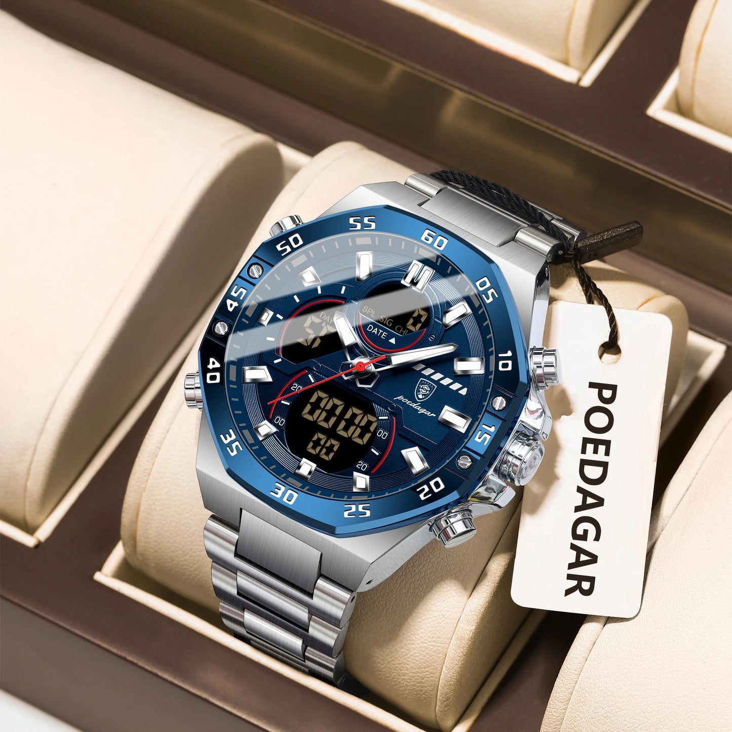 POEDAGAR Top Men Clock LED Luminous Waterproof Week Date Military Man Wristwatch Electronic Stainless Steel Quartz Men's Watches