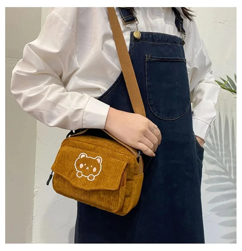 Personalized Teddy Bear Embroidered Diagonal Shoulder Bag, Corduroy Leisure Bag, WOMEN'S Crossbody Bag