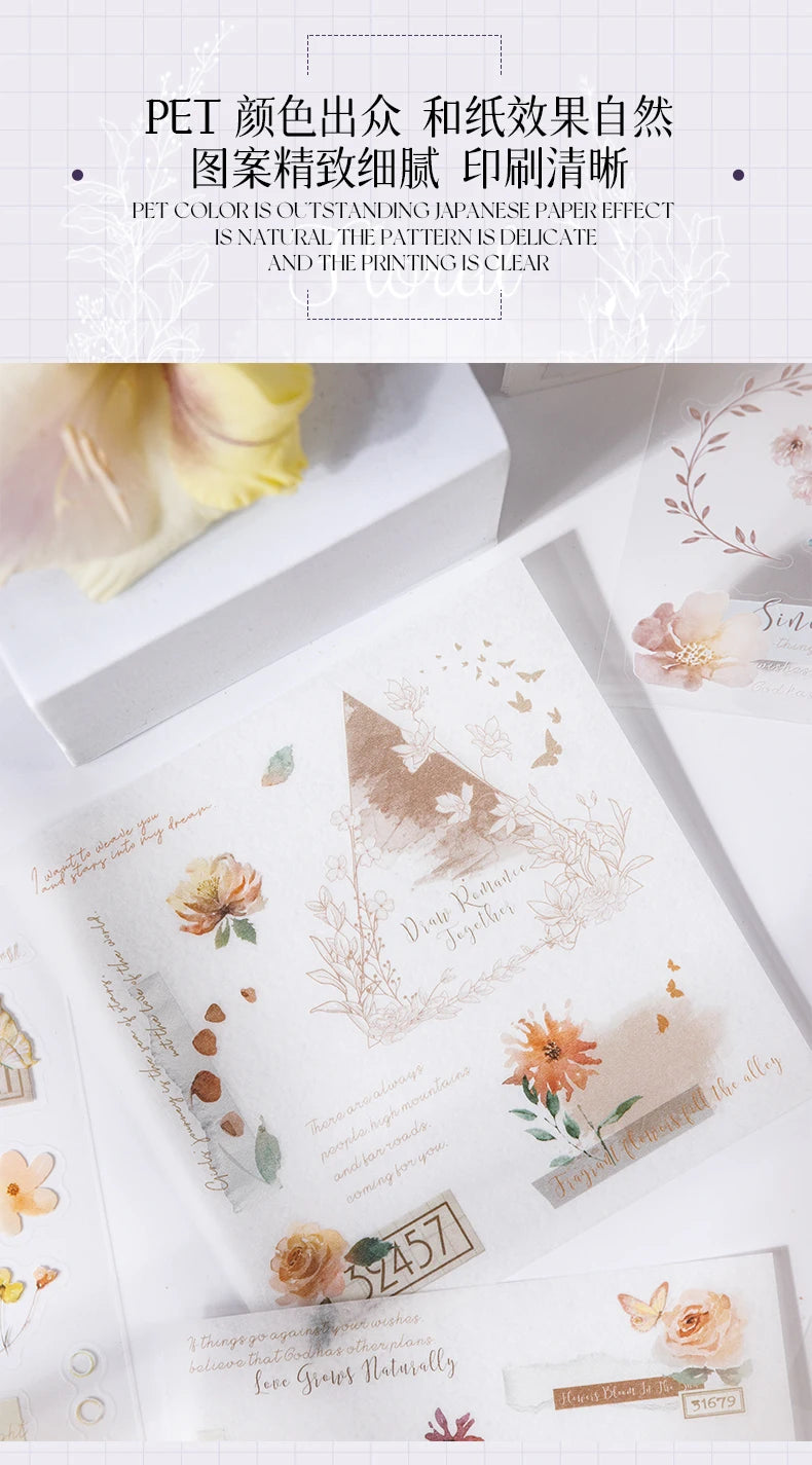 Yoofun 20pcs/lot PET + Washi Paper Aesthetic Flower Stickers Gift Card Journal Scrapbooking Diary Decoration Stationery Labels