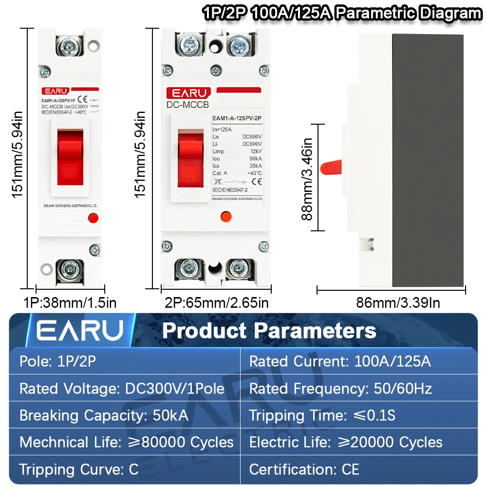 DC 300V 600V DC Solar Molded Case Circuit Breaker MCCB Overload Protection Switch Protector for Solar Photovoltaic PV 125A 250A