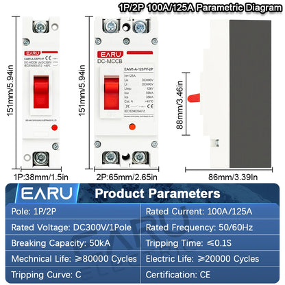 DC 300V 600V DC Solar Molded Case Circuit Breaker MCCB Overload Protection Switch Protector for Solar Photovoltaic PV 125A 250A
