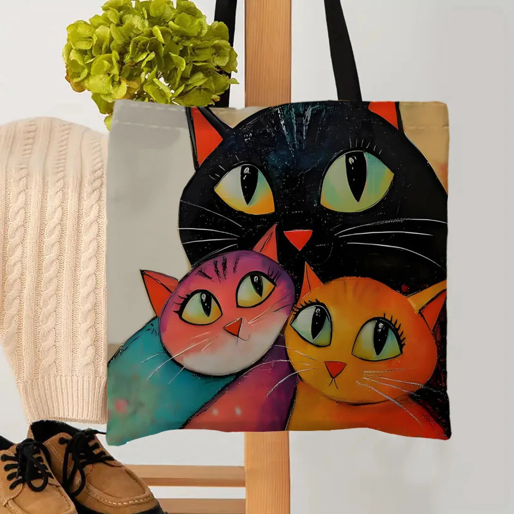 1pc Stacked Cat Handbag, Reusable Fashionable Handbag, Multifunctional Handbag, Printed Canvas Shopping Bag