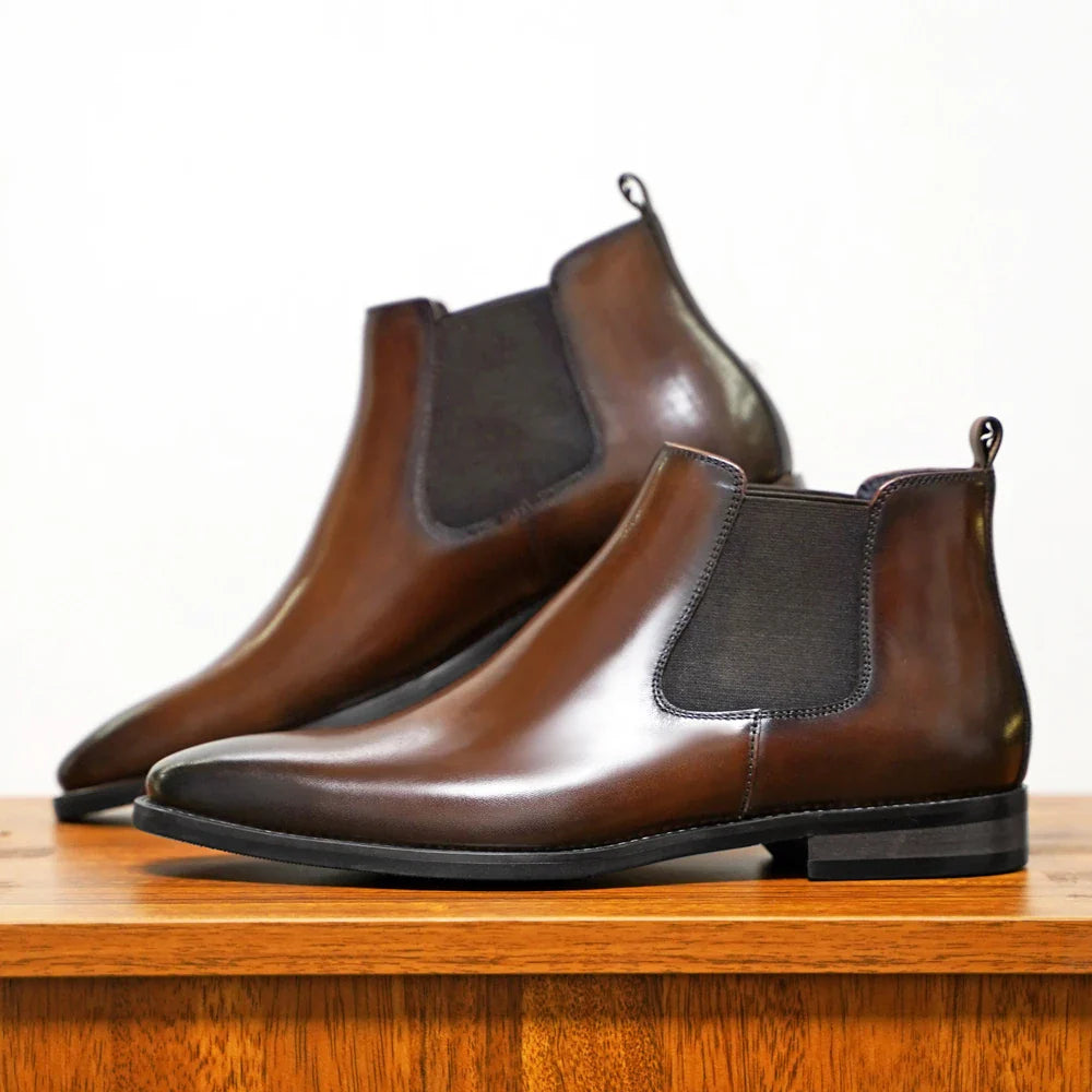 Men's Brown Pointed Toe Dress Boots - Handmade Chelsea Slip-Ons