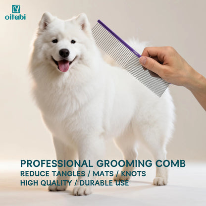 Oitabi Pet Comb Stainless Steel Long Teeth Comb for Dogs & Cats Pet Hair Comb for Home Grooming Kit Removes Knots Mats & Tangles