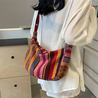 Crossbody Bags Tribal Style Shoulder Bag, Foldable Crossbody Striped Pattern, Flag Theme Hand Washable Edge Painted Lining