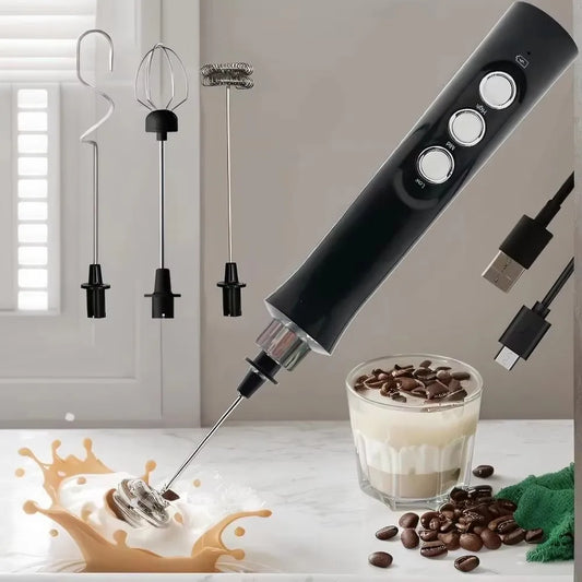 Wireless Rechargeable Electric Milk Frother - 3 Speeds, Handheld Foam Maker for Latte, Cappuccino, Hot Chocolate - USB Rechargea