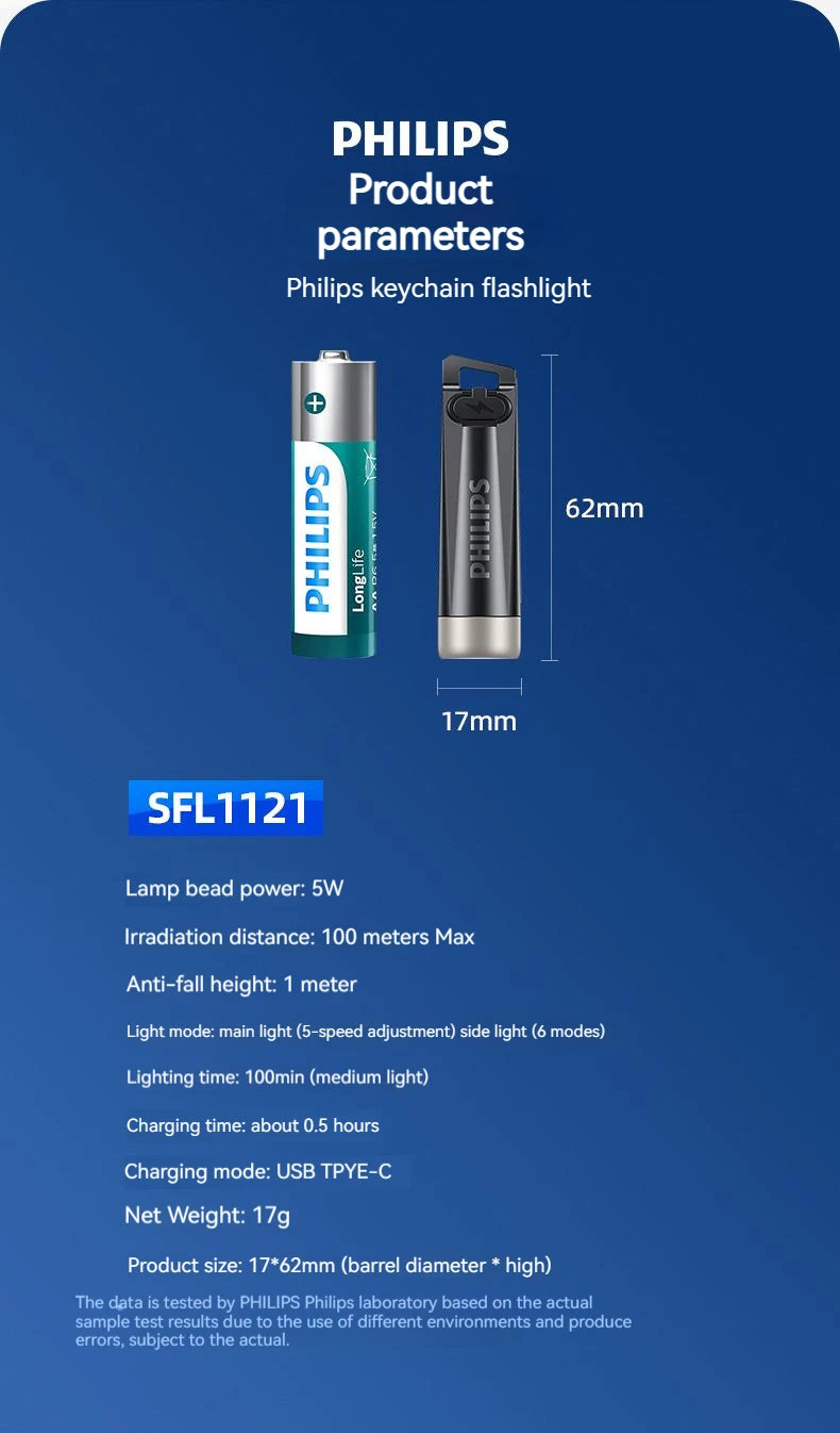 PHILIPS 2025 NEW SFL1121 EDC Flashlight LED Rechargeable Mini EDC Keychain Flashlights Camping Lamp For Hiking Self Defense