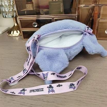 New Sanrio Cartoon Kuromi Skull Plush Bag Shoulder Bag Girl Cute Sweet Girl Heart Handbag Crossbody Bag Plush Money Storage Bag