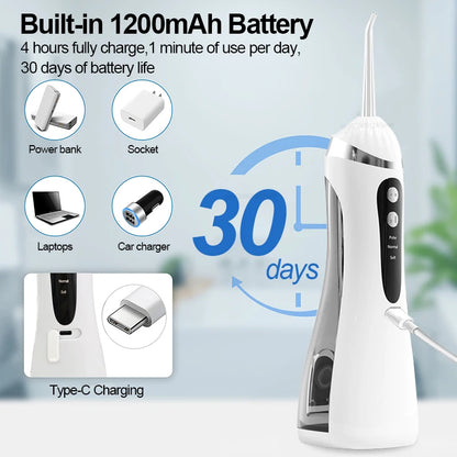 Portable Oral Irrigator 200ML Water Flosser Teeth Whitening 3 Modes Rechargeable Waterproof IP65 Dental Care Jet Floss