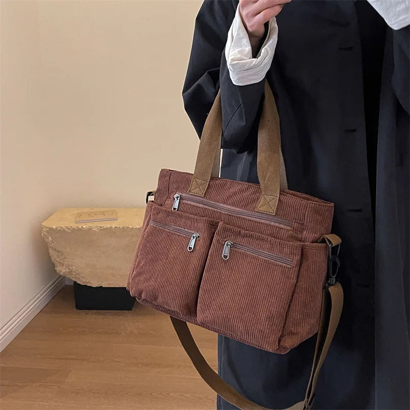 Casual Corduroy Messenger Bags Large Capacity Commuter Mummy Portable Shoulder Bag Multi Layers Camping Tote Bags