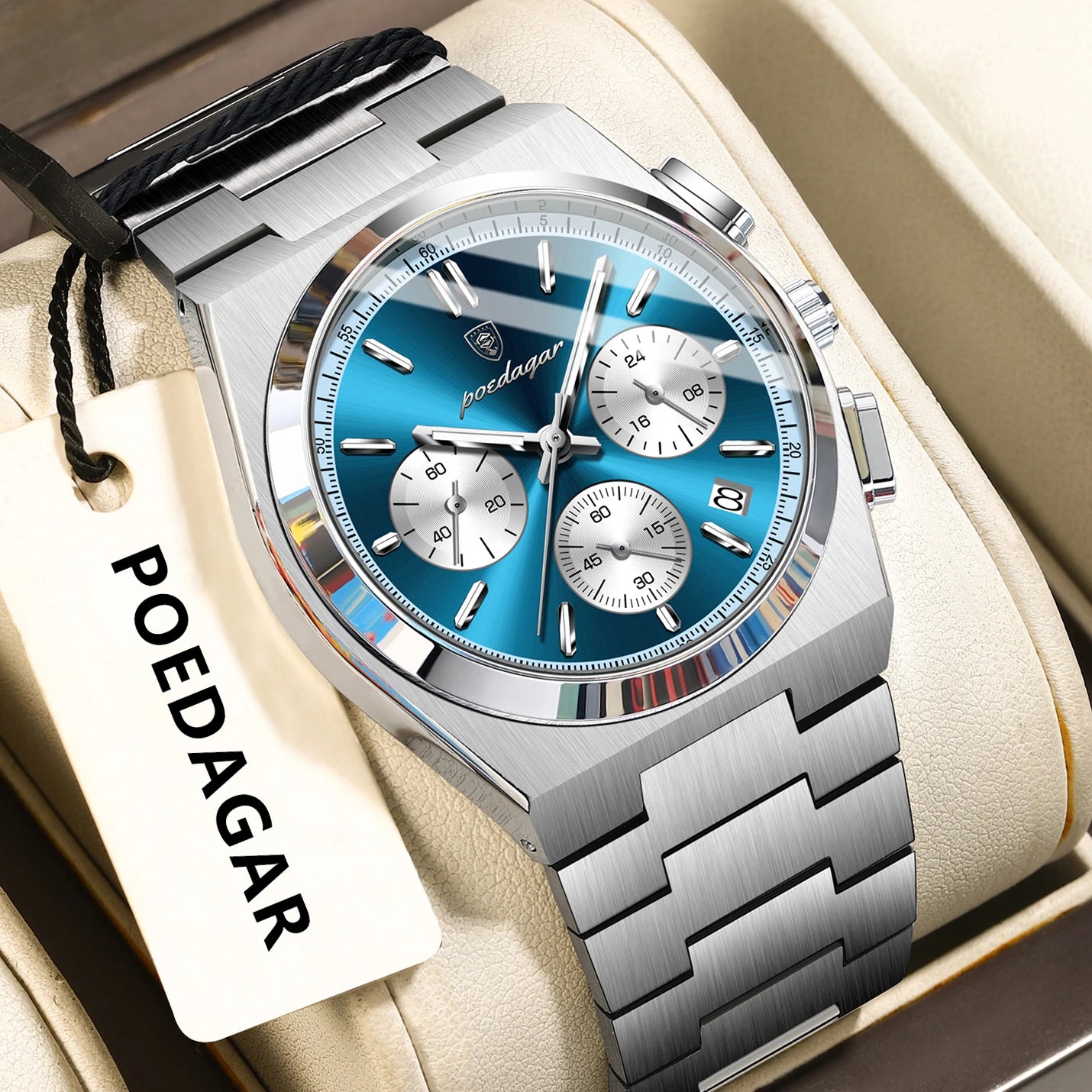 POEDAGAR Fashion Man Watches Chronograph Date Stainless Steel Casual Men Wristwatch Waterproof Luminous Men's Quartz Watch Reloj