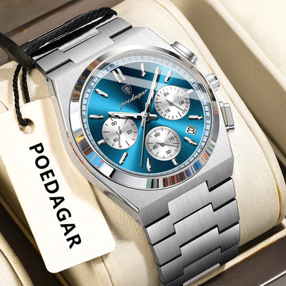 POEDAGAR Fashion Man Watches Chronograph Date Stainless Steel Casual Men Wristwatch Waterproof Luminous Men's Quartz Watch Reloj