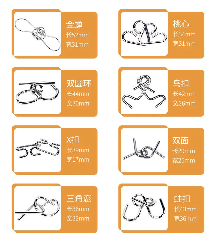 8Pcs/Set Metal Montessori Puzzle Wire IQ Logical Ability Training Stress Relief Toy for Children Adults Reliever Educational Toy