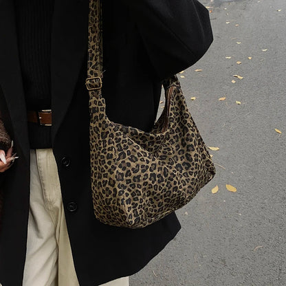 Trendy Casual Soft Textile Women's Shoulder Bag Large Capacity Leopard Print Female Retro Crossbody Bag For Commute Outings