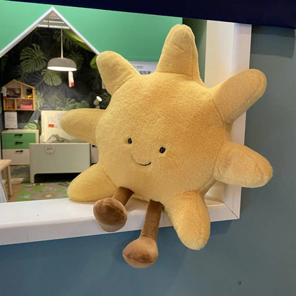 Adorable Smile Face White Moon Yellow Sun Plushie Stuffed Cute Cartoon Weather Plush Toy for Kid Bedroom Decor Sofa Throw Pillow