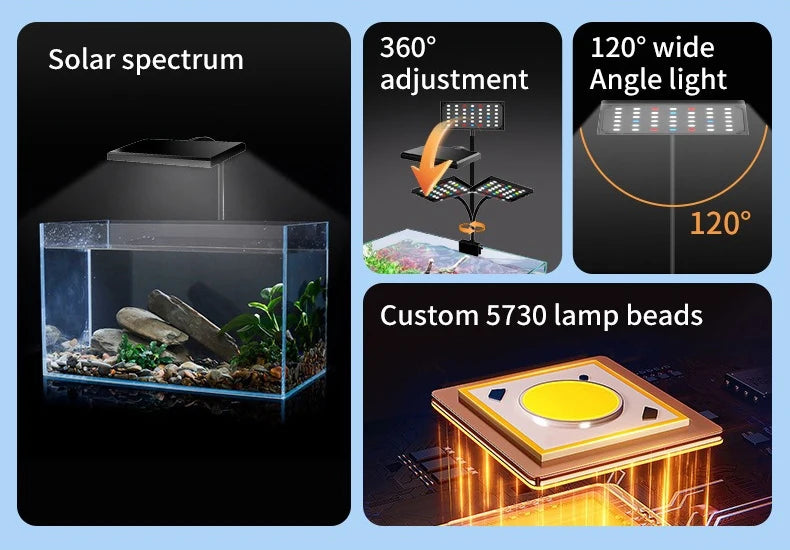 USB Aquarium LED Light Full Spectrum Aquatic Plant Grow Lamp Fish Tank Adjustable Brightness Dimmable Timed 360° Rotatable Light