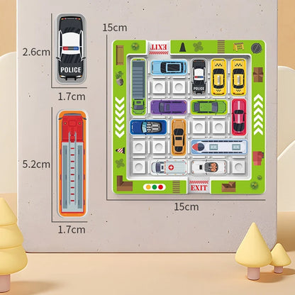 Children's educational puzzle game for logical thinking and concentration, parking lot with moving vehicles and maze toys