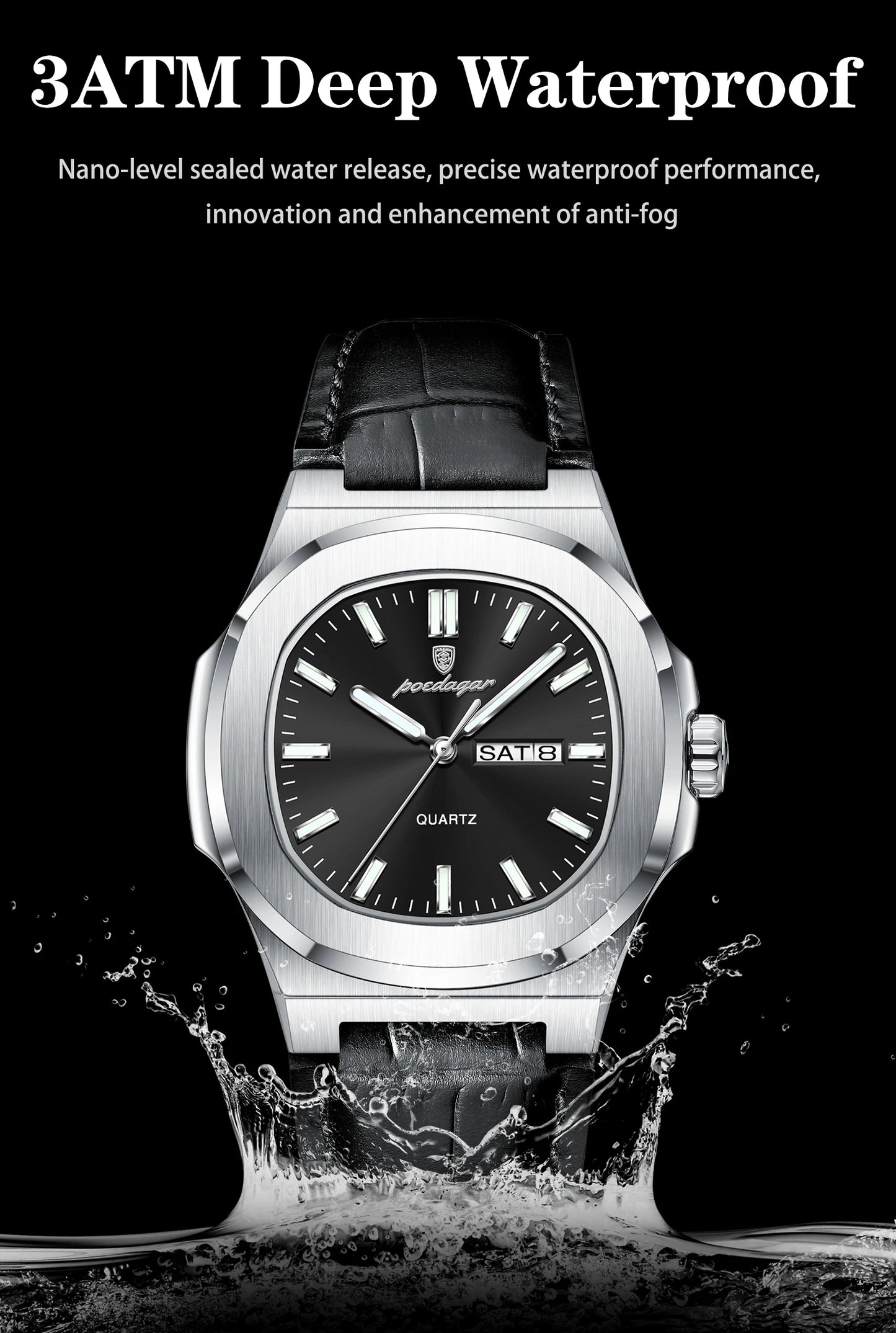 POEDAGAR Square Wristwatch For Men Luminous Waterproof Week Calendar Luxury Man Clock Leather Quartz Fashion Men's Watches Reloj