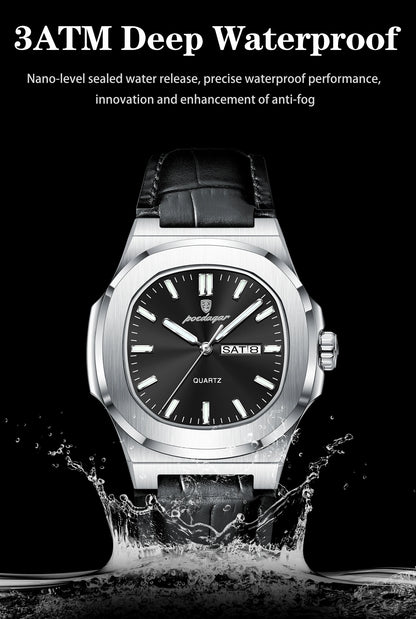 POEDAGAR Square Wristwatch For Men Luminous Waterproof Week Calendar Luxury Man Clock Leather Quartz Fashion Men's Watches Reloj