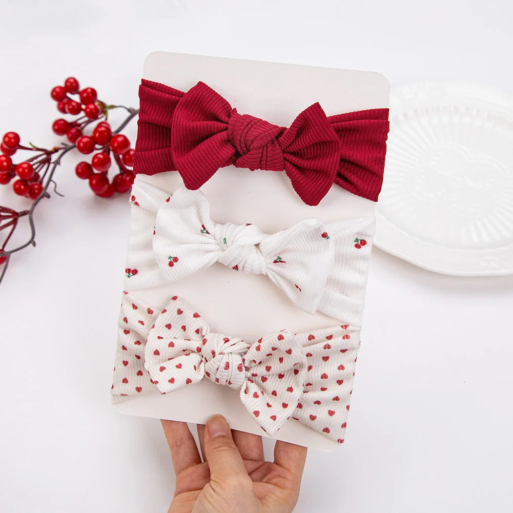 3Pcs/lot Ins Ribbed Baby Girls Headbands Floral Red Heart Dasiy Print Bows Elastic Hair Bands Toddler Vintage Hair Accessories