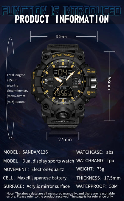 SANDA Luxury G Style Men's Electronic Watch Outdoor Sports LED Analog Digital Chronograph Military Dual Display 50M Waterproof