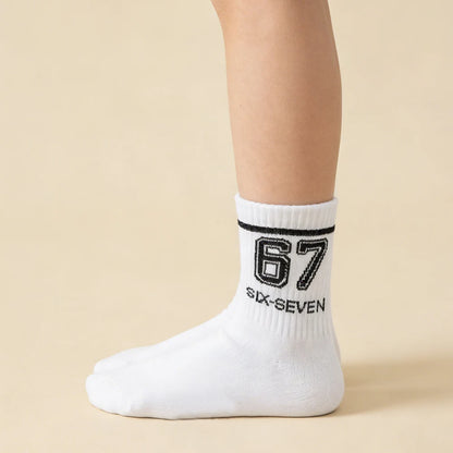 Teen Fashion Socks with "67" Print - Mid-Calf Sports Socks for Trendy Kids All Season