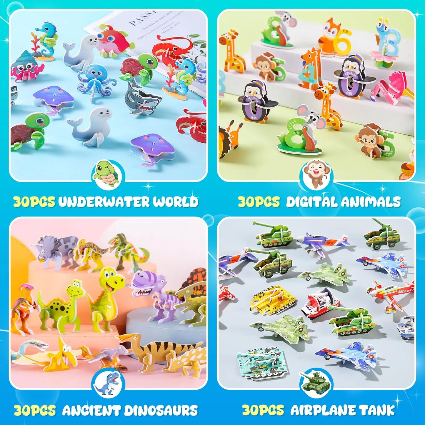 30pcs/set 3D Cartoon Puzzles Educational Toys Insect, Dinosaur, Animal, and Vehicle Themes 3D DIY Cardboard Puzzles