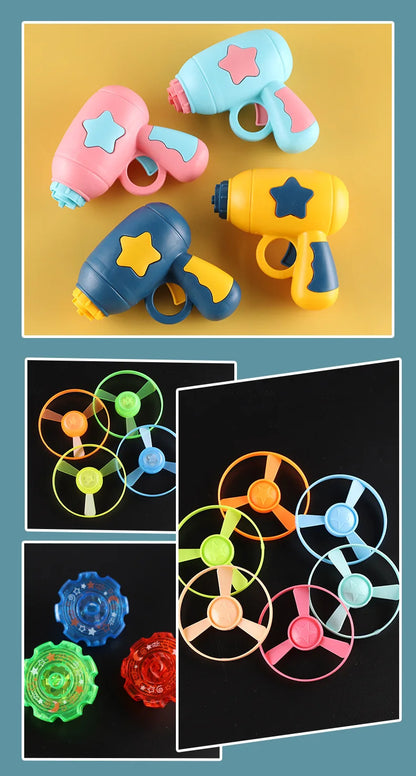 Children Saucer Launcher Pistol Outdoor Spinning Top Dinosaur Gun Toys Flying Disc Bamboo Dragonfly Ejection Luminous Gyroscope