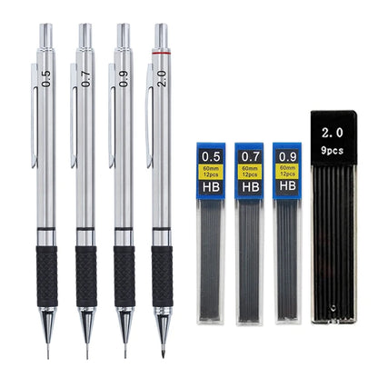 Metal Mechanical Pencil Set with Pencil Grip Leads Art Drawing Student Office Supplies 0.5/0.7/0.9/2.0mm Automatic Pencil