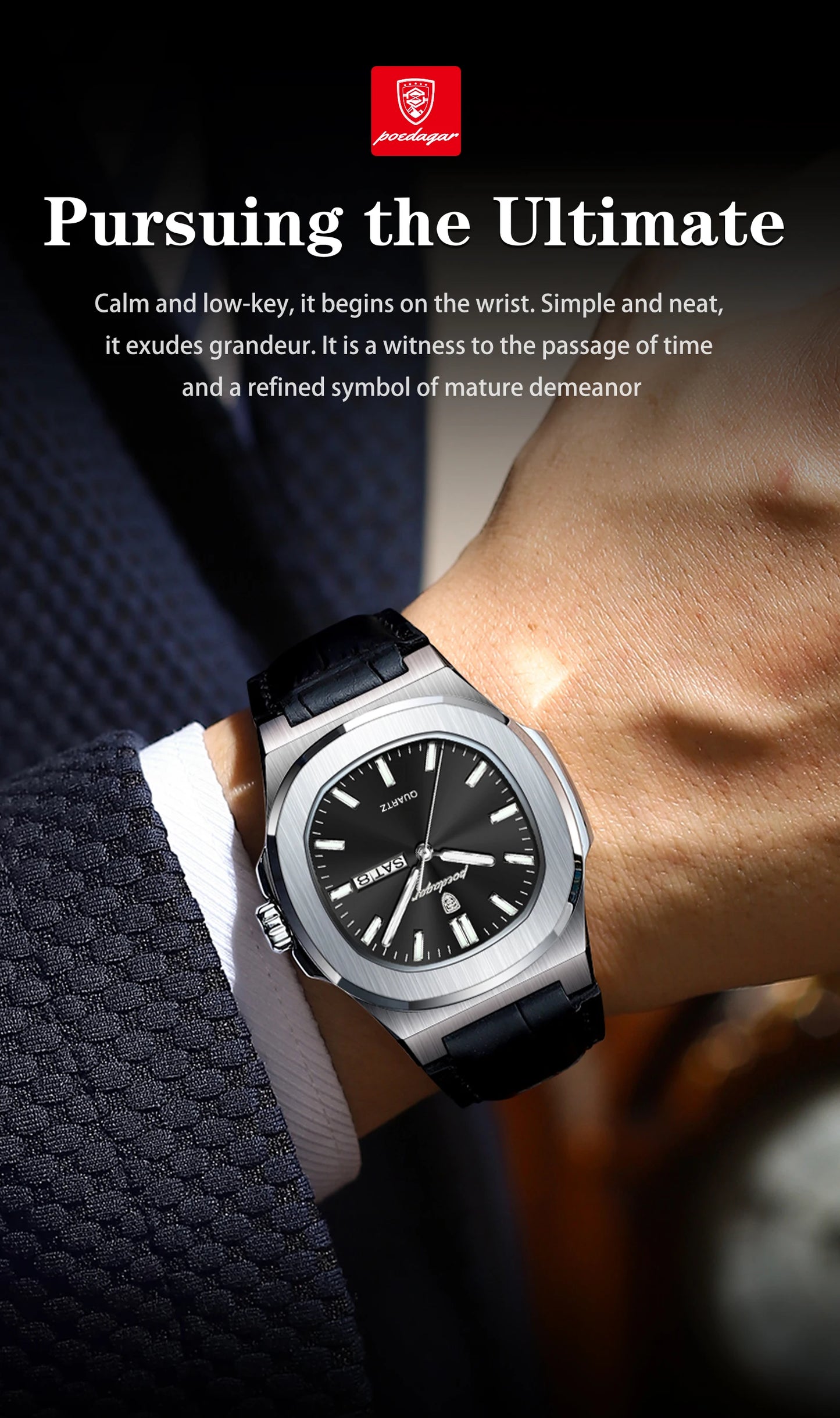 POEDAGAR Square Wristwatch For Men Luminous Waterproof Week Calendar Luxury Man Clock Leather Quartz Fashion Men's Watches Reloj