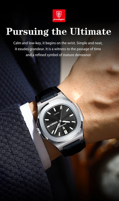 POEDAGAR Square Wristwatch For Men Luminous Waterproof Week Calendar Luxury Man Clock Leather Quartz Fashion Men's Watches Reloj