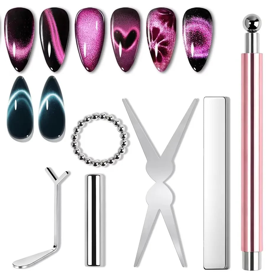 6Pcs Nail Magnet Tool Set Cat Eye French Tips Cat Eye Heart Magnets Nail Magnet Stick Cat Eye Gel Polish Magnets Tools Manicure