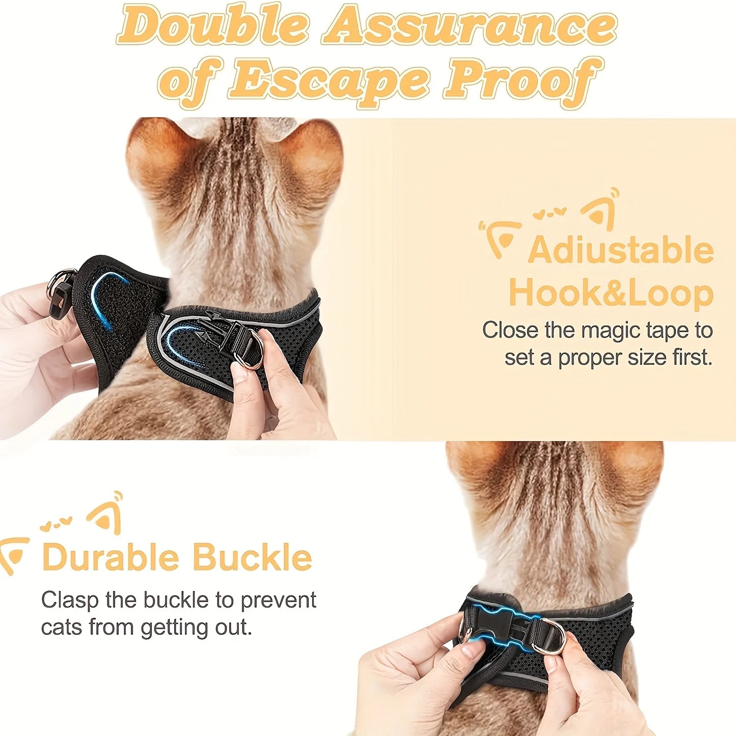 Reflective Cat Harness and Leash Set, Soft Mesh Vest, Polyester, Hand Wash Only, Escape-Proof Design, Safe Outdoor Walking, Suitable for Kittens, S/M Sizes Available