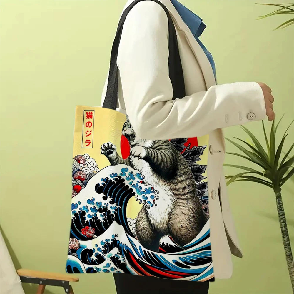 Catzilla Japanese Art Tote Bag Reusable Shoulder Shopping Beach Bag For Women, Durable Casual Carryall