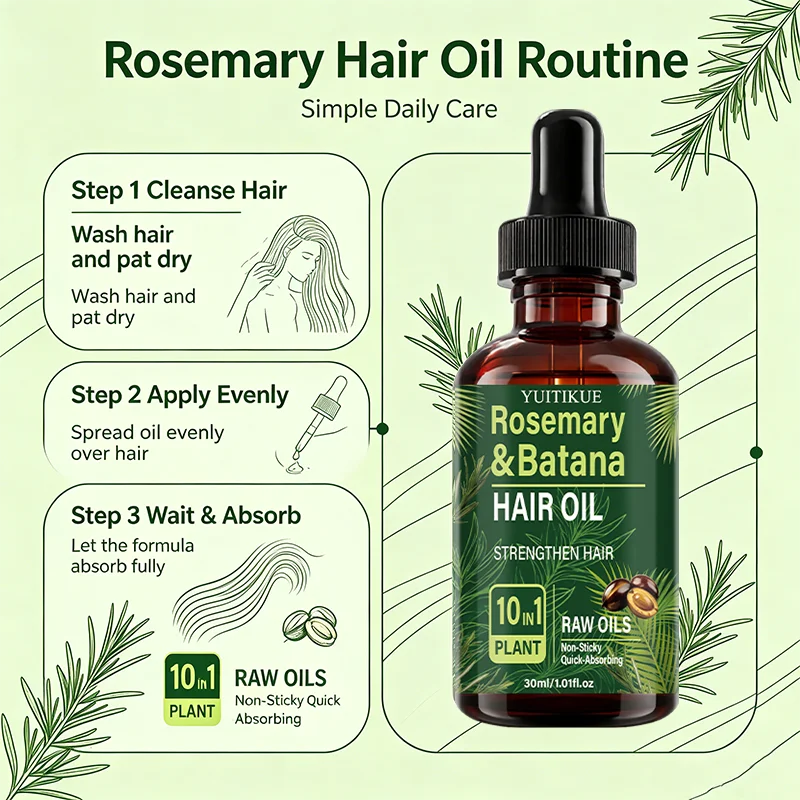 YUITIKUE Rosemary & Batana Hair Oil 30ml 10 In 1 Plant Raw Oil Strengthen Hair Non-Sticky Fast Absorbing Hair Care Serum