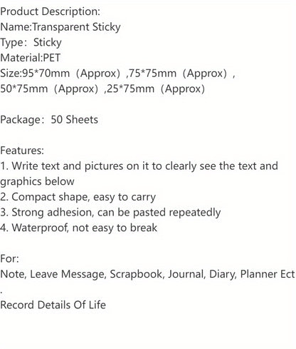 50 Sheets Transparent Sticky Note Pads Waterproof Self-Adhesive Memo Notepad School Office Supplies Stationery