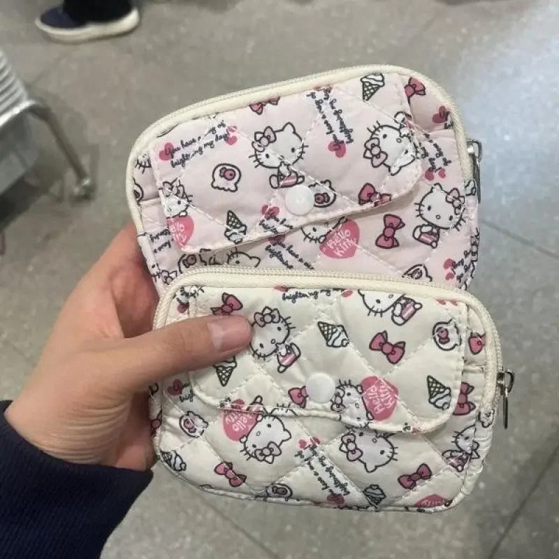 New Cute Sanrio Soft Cotton Embroidered Bow Zipper Women's Makeup Bag Cat Card Bag, Earphone Bag, Key Bag, CCD Storage Bag