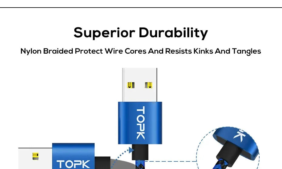 Magnetic Charging Cable 3 IN 1 TOPK 360 Rotation Magnetic Phone Charger Cable with LED Light for Micro USB Type C Cable