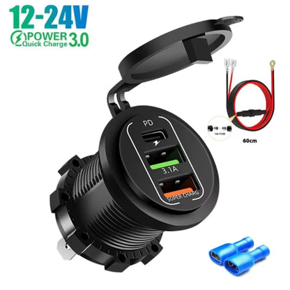 83W Motorcycle Car Charger Socket PD30W Fast Charging 22.5W Dual USB Type C Outlet Phone Power Adapter with Voltmeter Waterproof