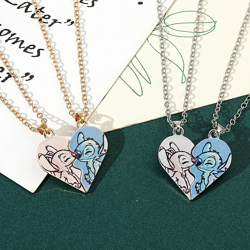 Couple's Stitch Heart Necklace - Gold & Silver Angel And Stitch Cute Style Jewelry Pendant Gift for Girls