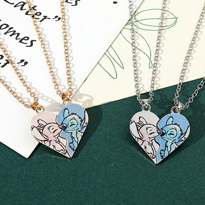 Couple's Stitch Heart Necklace - Gold & Silver Angel And Stitch Cute Style Jewelry Pendant Gift for Girls