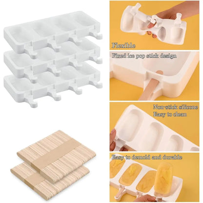 4Pcs Large Silicone Popsicle Molds Set,4 Cavities Oval Cake Pop&Ice Cream Bar Molds,Homemade Ice Making Kit with Wooden Sticks
