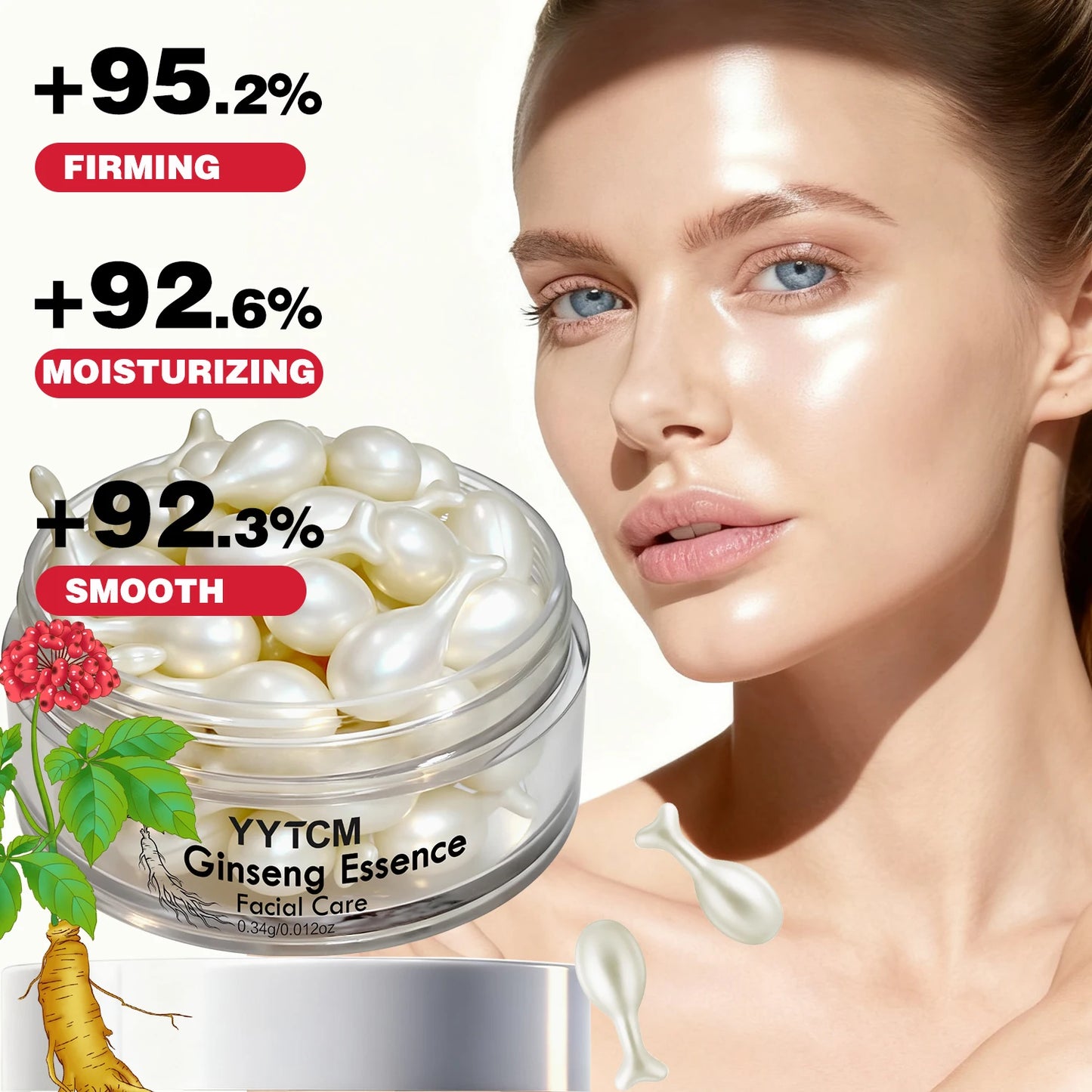 Ginseng Essence Capsules, Moisturizing and Firming Essence Serum, Contains Squalane, Niacinamide, Vitamin E, Retinol, Deep Hydration (0.34Gx30 Capsules)/Bottle-1 Bottle