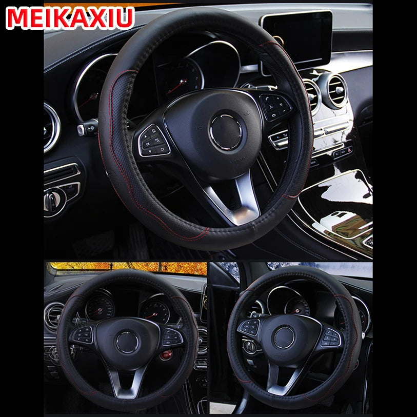 38cm PU Fiber Leather Steering Wheel Cover Embossed Style round Car Decorations Accessory with Inner Ring for All Seasons